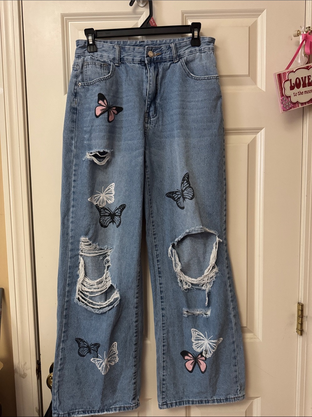 SHEIN Light Blue Wide Leg Butterfly Distressed Jeans